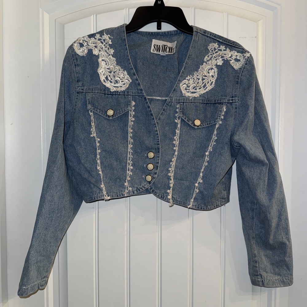 Switch USA Womens Denim Jacket Lace Long Sleeve USA Made Vintage Size Medium